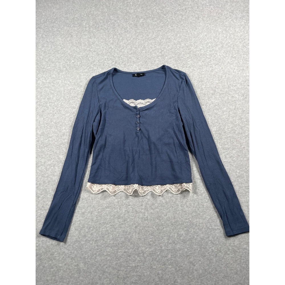 Self Esteem Y2K Ribbed Henley Top Women L Blue Lace Layering Soft Cozy Coquette